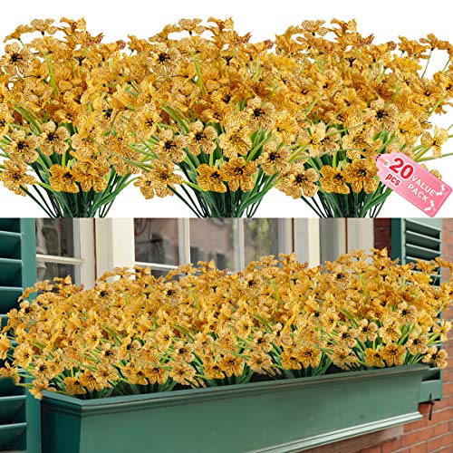 Zeostaro 20 Bundles Artificial Outdoor Flowers Uv Resistant Fake Flowers No Fade Faux Plastic Greenery Shrubs Garden Porch Window Box Decorating(Yellow) #TOP5