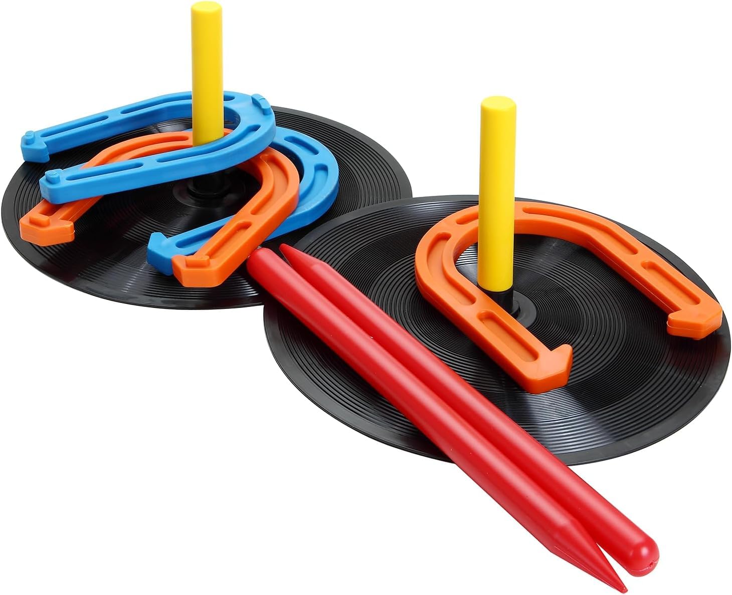 Outdoor Indoor Rubber Horseshoes Set Includes 4 Horseshoes,2 Pegs,2 Rubber Mats,2 Red Plastic dowels,Beach Games Perfect for Tailgating,Camping,Backyard,Fun for Kids Adults (Blue&Orange)