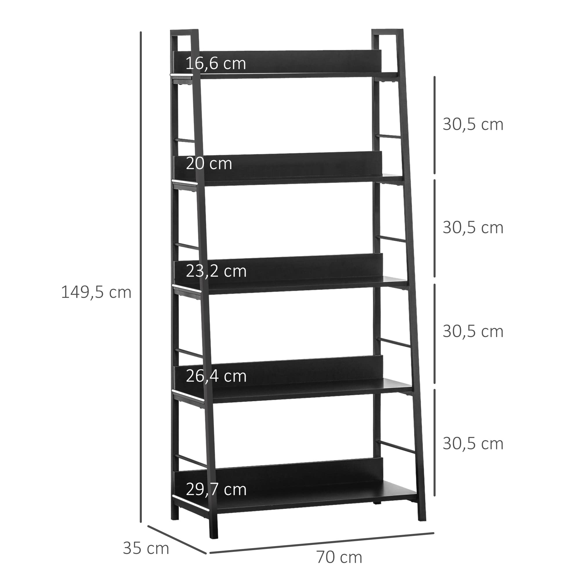 HOMCOM Regał na książki 5 poziomów 70 l x 35 l x 150H cm Czarny | Pochylony styl industrialny