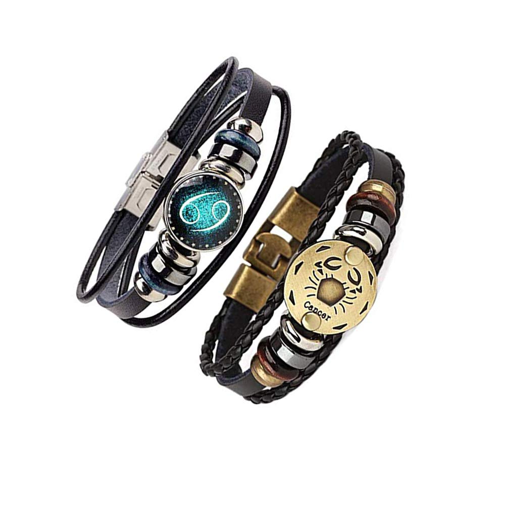 WLL2Pcs Multilayer Constellation Zodiac Leather Bracelet Handmade Woven Zodiac Sign Wrap Wristband Bracelet Jewelry for Women Men