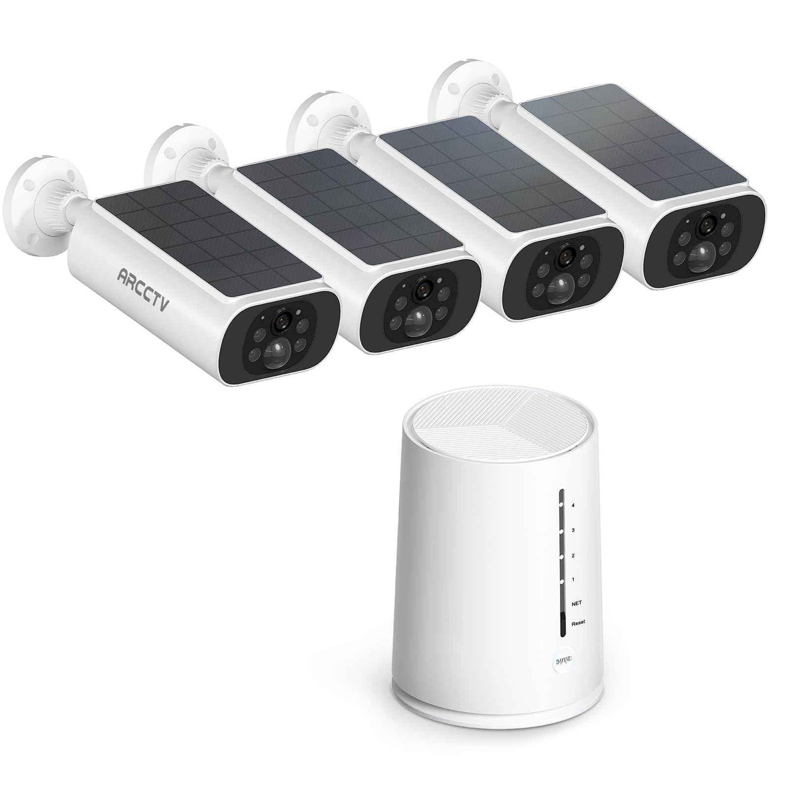 ARCCTV 4MP Überwachungskamera Aussen Set, WLAN Kamera Outdoor Solar | Ohne ABO, Personenerkennung, PIR Motion Sensor, Vollfarbige Nachtsicht, 4 Kameras mit Basisstation, mit Speicherkarte