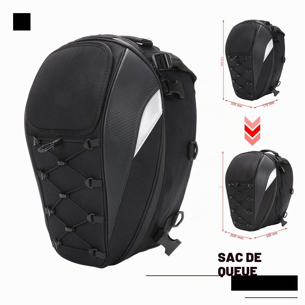 Sacoche de Selle Moto, Sac Arrière Étanche, Multifonctionnel et Extensible | Double Usage Sac à Dos & Sac de Bagages pour Casque, Adapté à la Plupart des Motos