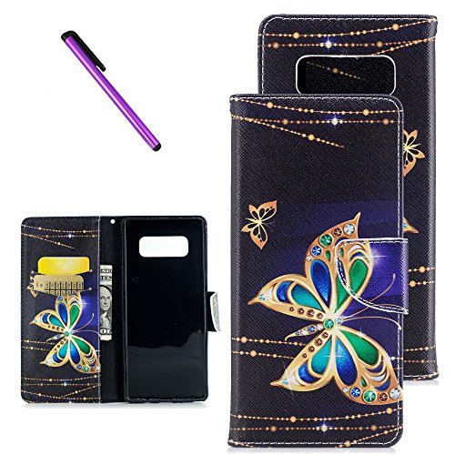 Note 8 case Samsung Note 8 case ISADENSER Fancy Print Floral Wallet Case with Card/Cash Slots [Kickstand] Shockproof Protective PU Leather Flip Cover Case Cover for Samsung Note 8, Ink Butterfly