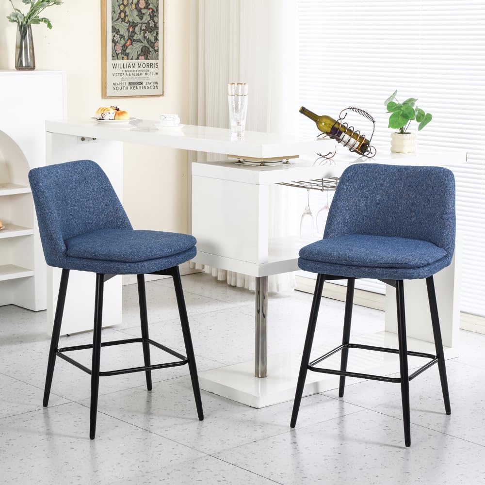 Counter Height Swivel Bar Stools Set of 2, 360° Swivel Upholstered Barstools with Back and Metal Legs, Counter Stools for Kitchen Island and Pub,Linen Cloth (Blue + Linen + Set of 2)