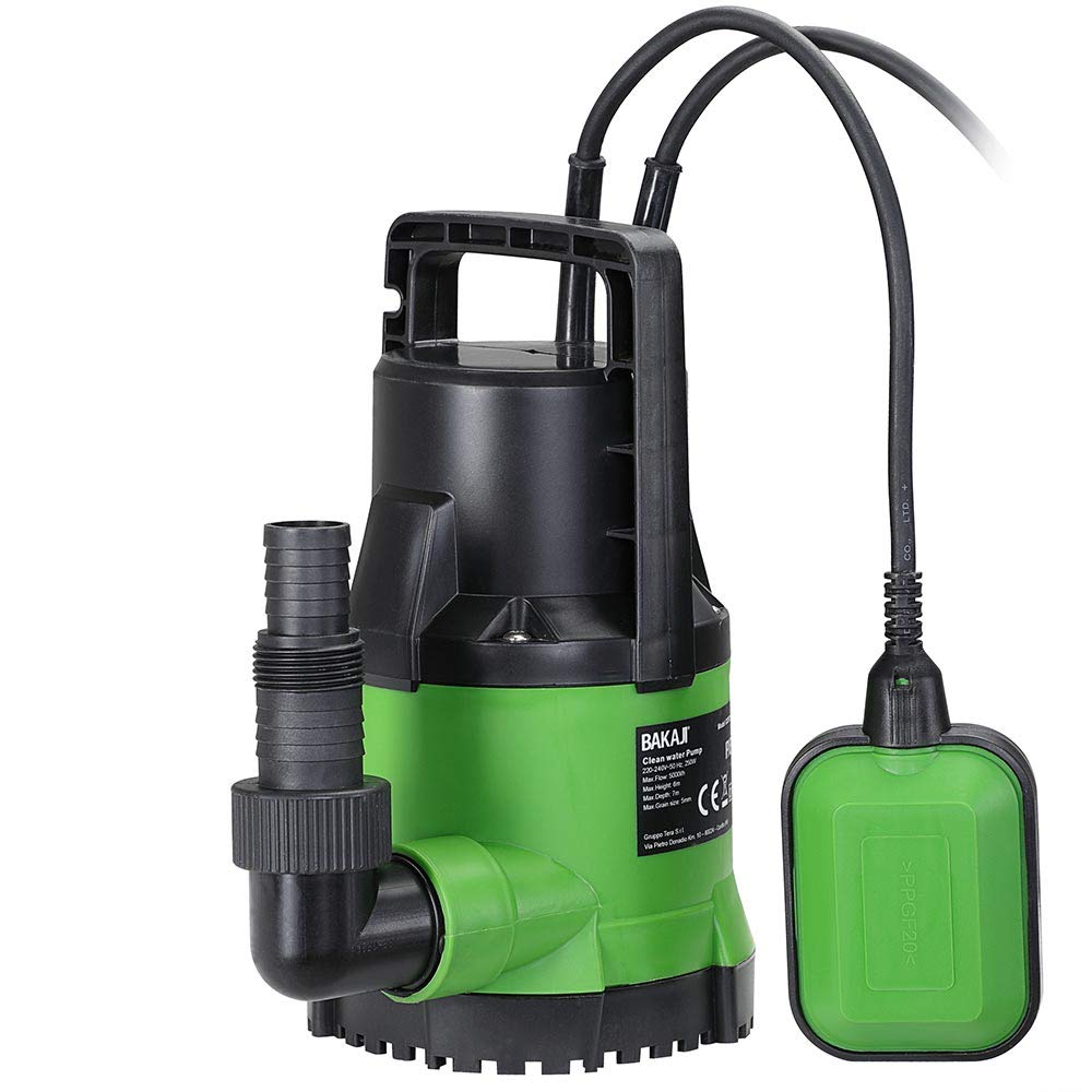 Bakaji Pompa Immersione Elettropompa Sommersa Acque Chiare Potenza 250W Portata 5000L/h Profondità Massima 7 Metri con Fondo Piatto Maniglia per il Trasporto e Cavo 10 metri