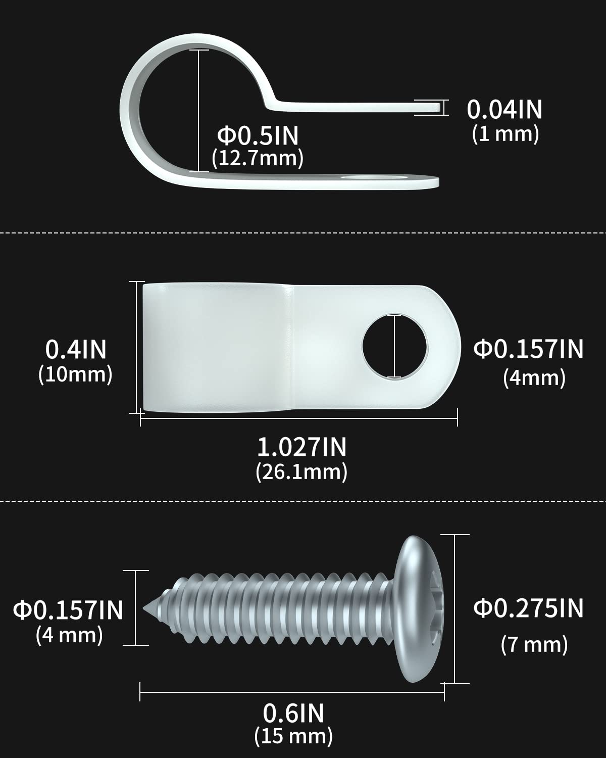 Rope Light Mounting Clips - 60 Pack 1/2 Inch P-Style Extension Cord Wall Clips with Stainless Steel Self Tapping Screws