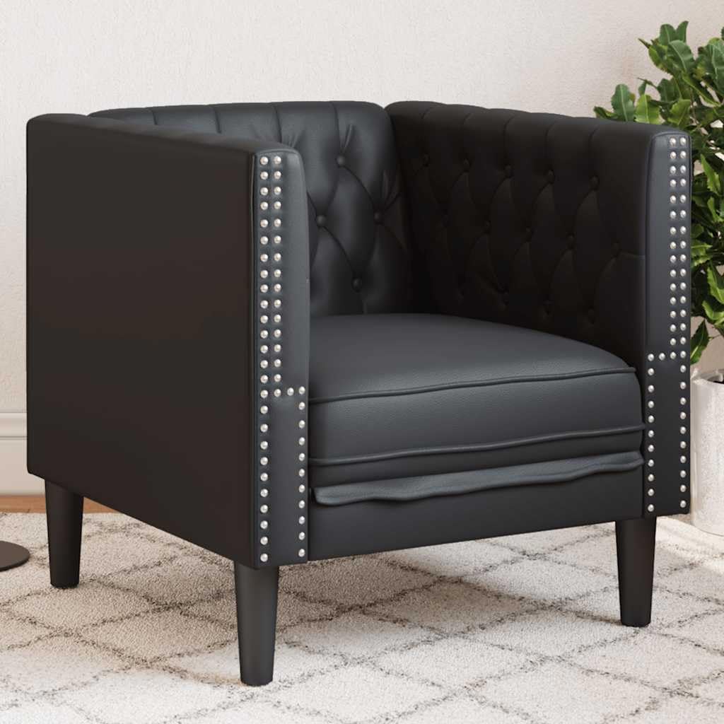 Fauteuil Chesterfield noir en cuir synthétique avec rembourrage, fauteuil de salon classique avec boutonnage, pieds stables, siège confortable pour salon, chambre d'amis, détente et style