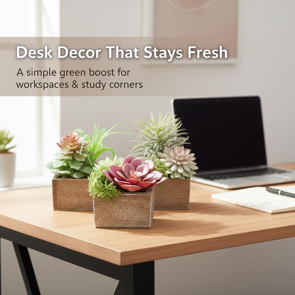 Succulent Plants Artificial, 3 Pack Small Fake Plants in Wood Pot for Home Decor, Farmhouse Artificial Plants Indoor for Living Room Bathroom Bedroom Office Kitchen Desk Wedding Coffee Table Decor - Image 5