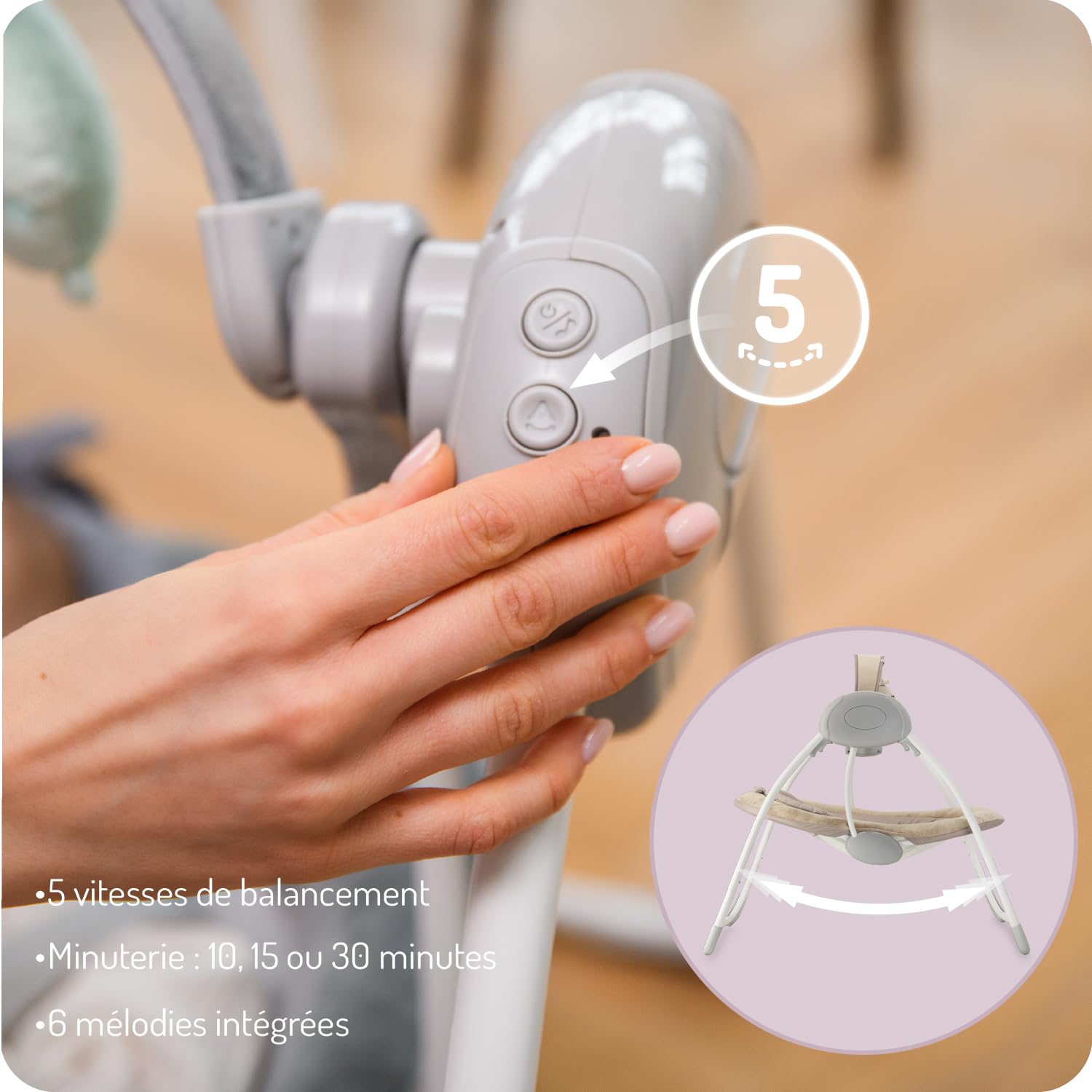 Balancelle MoMi LISS pour bébés jusqu'à 9 kg, pliable, à piles ou secteur avec câble USB, harnais 5 points, arche avec jouets, 6 mélodies, minuterie, 5 vitesses de balancement