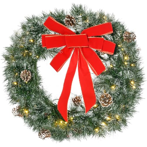 HOMCOM Couronne de Noël 60 cm, 50 LED pour Porte d'entrée, guilande de Noël, Sapin de Noël, 8 Pommes de pin et 1 nœud Papillon, décoration de fête, Vert