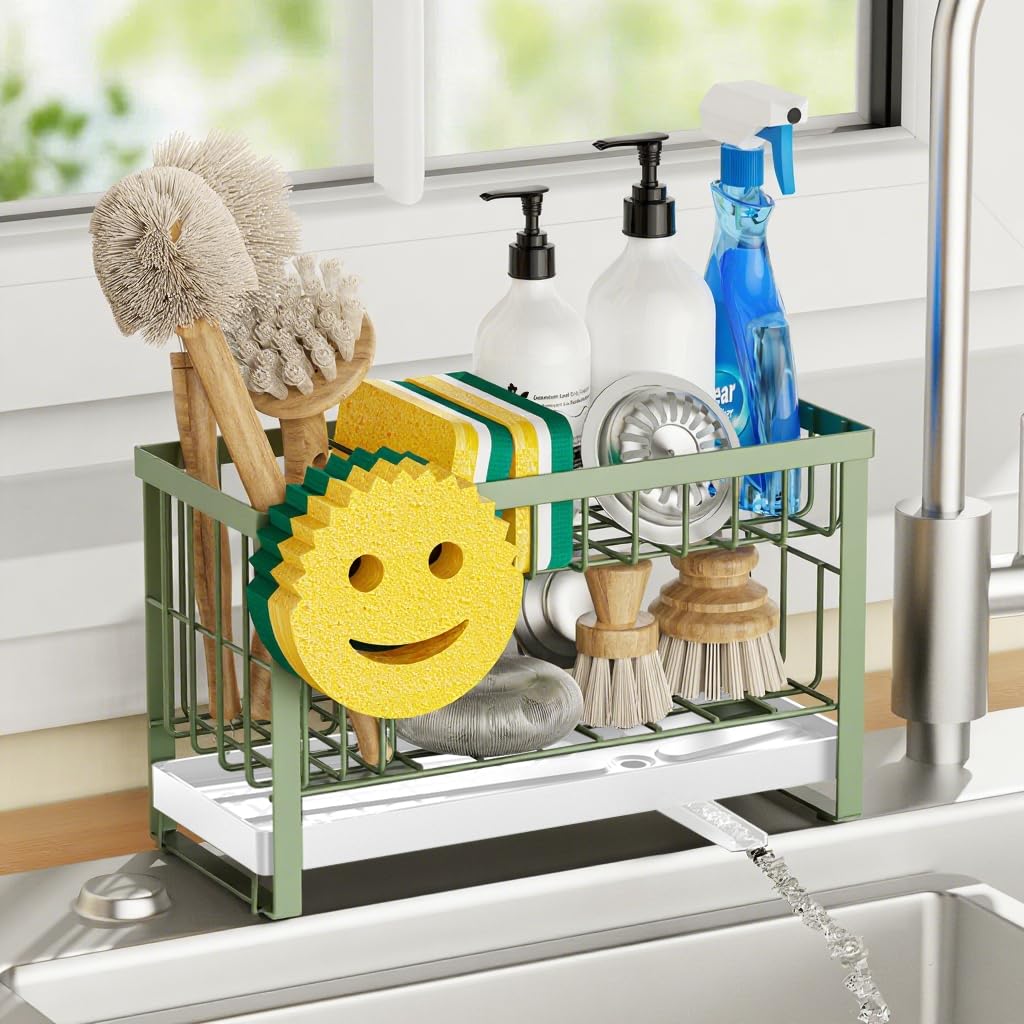 Sponge Holder for Kitchen Sink with Flexible Sink Caddy Smiley Face 2 Tier Kitchen Sink Organizer Countertop and