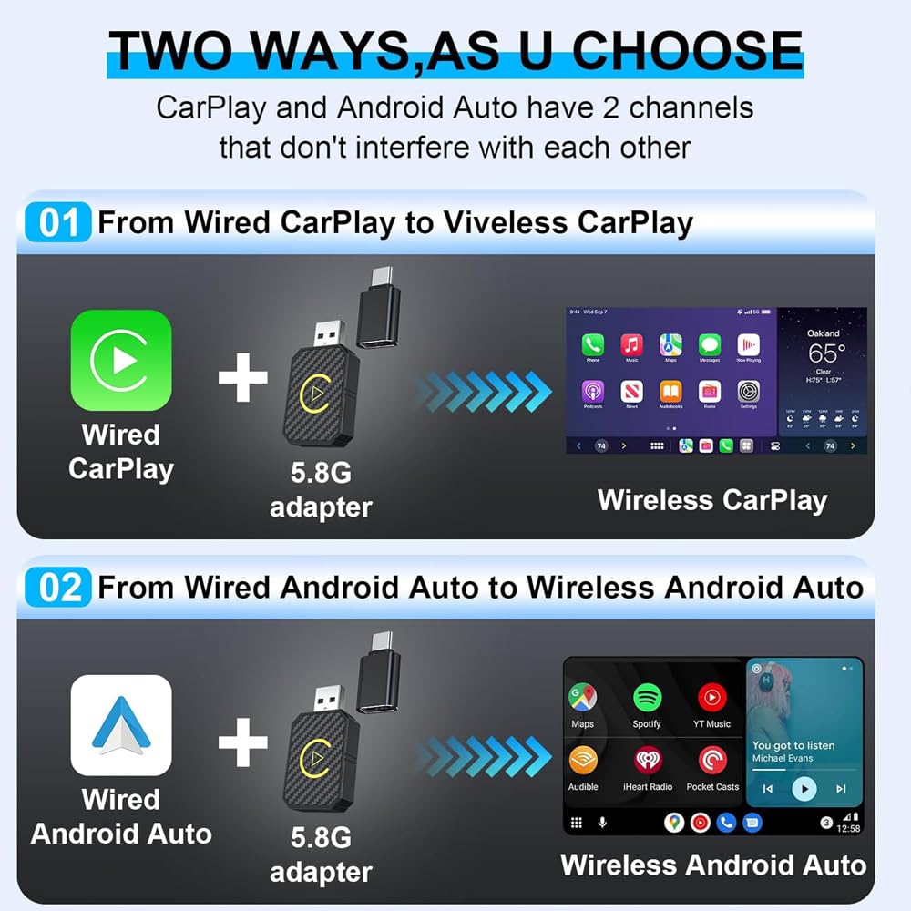 Adaptateur CarPlay sans fil pour voiture | USB C/WIFI / Bluetooth - Conversion sans fil de câble | Plug & Play | Compatible avec iPhone iOS 10+