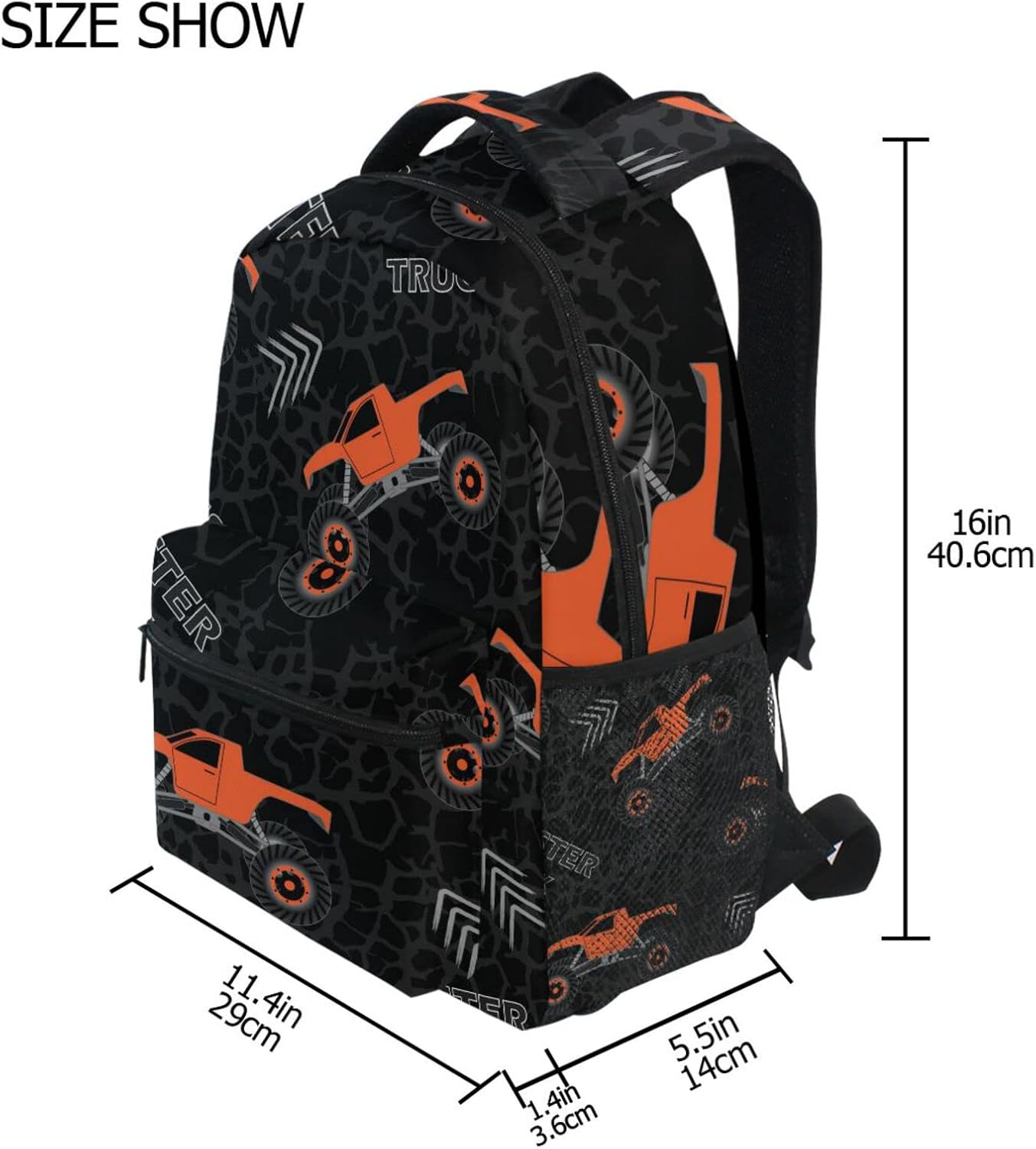 Orange Monster Truck Boys Girls Kids School Backpacks Bookbag, Elementary School Bag Travel Backpack Daypack