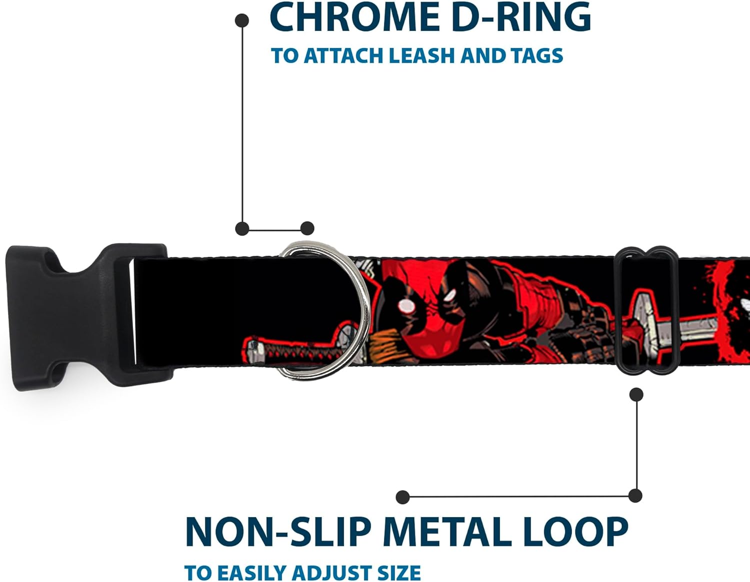 Marvel Comics Pet Collar, Dog Collar Plastic Buckle, Deadpool Action Poses Splatter Logo Black Red White, 20 to 31 Inches 1.5 Inch Wide