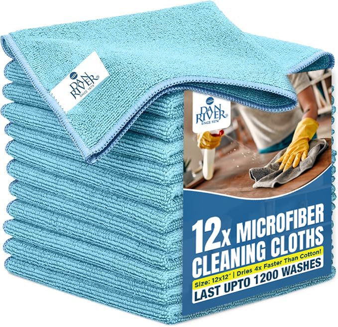 DAN RIVER 12-Pack Blue Microfiber Towels – Ultra Absorbent, Lint-Free &amp; Streak-Free Cleaning Towels for Home, Car &amp; Kitchen - Must-Have Cleaning Essentials - 12" x 12"
