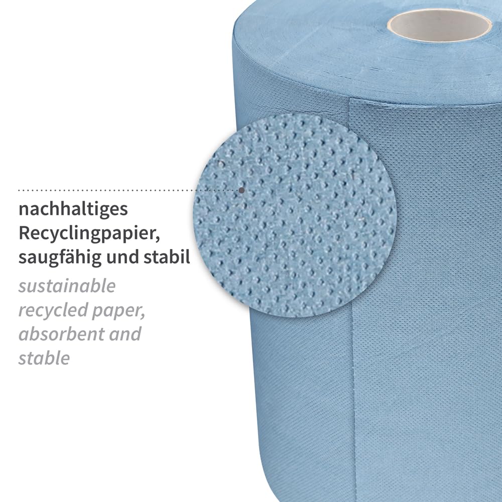 Franz Mensch HygoClean Putzpapiere, 3‑lagig, blau | Recyclingpapier, 2 Rollen, 500 Abrisse je Rolle, Kerndurchmesser 7 cm, nachhaltige Wischtücher