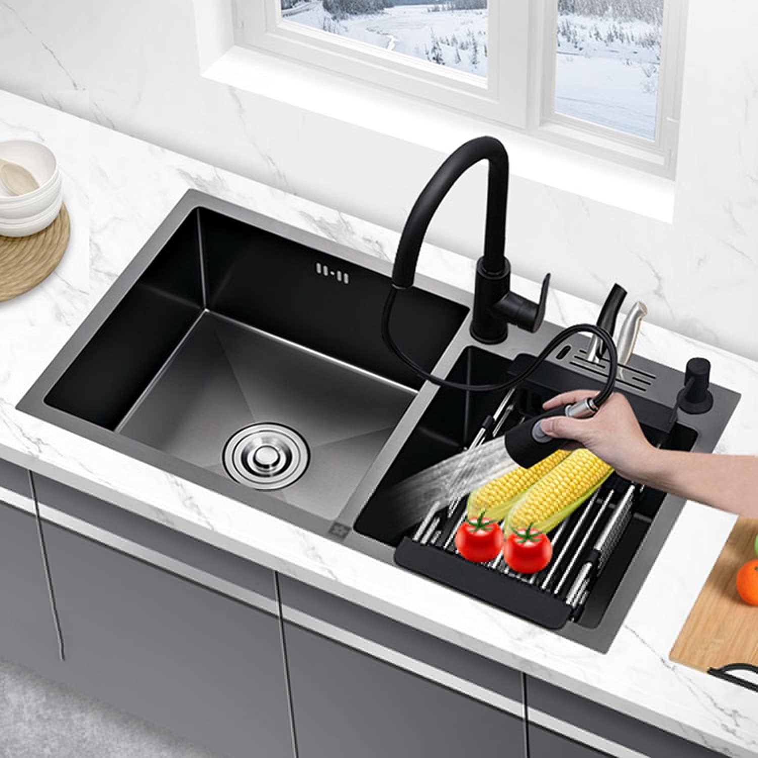 Black Stainless Steel Double Bowl Sink with Knife Holder, 30-inch Built-in Pantry Workstation Sink(A 72 * 40 * 21cm) (B 82 * 45 * 21cm)