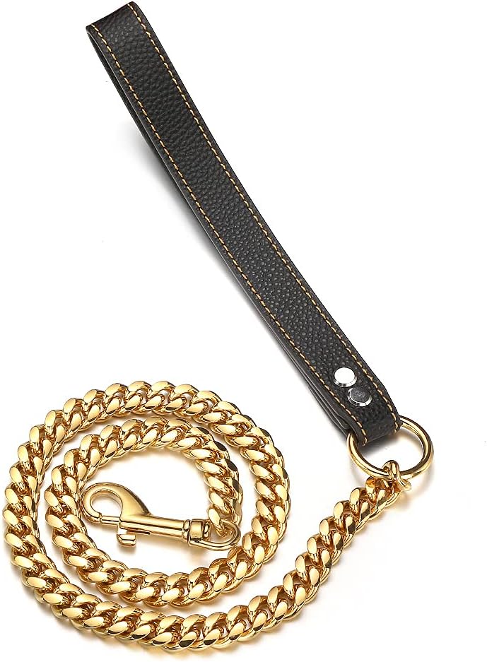 3FT/4FT/5FT Heavy Duty Gold Dog Chain Leash 14MM Stainless Steel Miami Cuban Link Chain with Durable Genuine Leather Handle for Training Walking(14mm,5ft)…