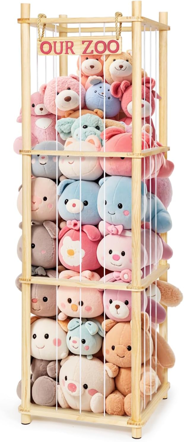 Tall pine wood toy organizer for stuffed animal storage