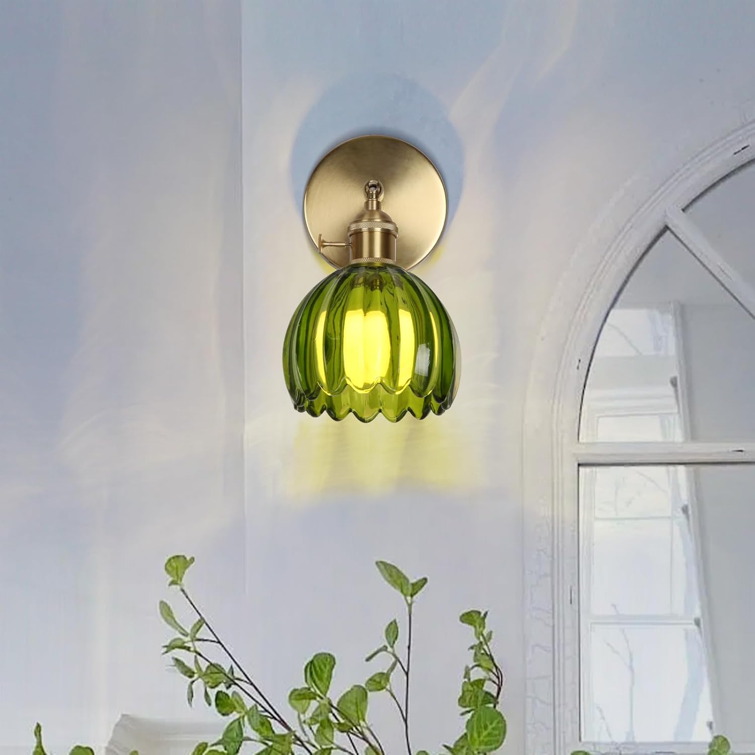 HuisMier Vintage Wall Sconces with Green Tulip Glass Lampshade, Modern 180 Degree Adjustable Brass Wall Sconces with Switch for Bathroom Bedroom Living Room Hallway, Hardwired