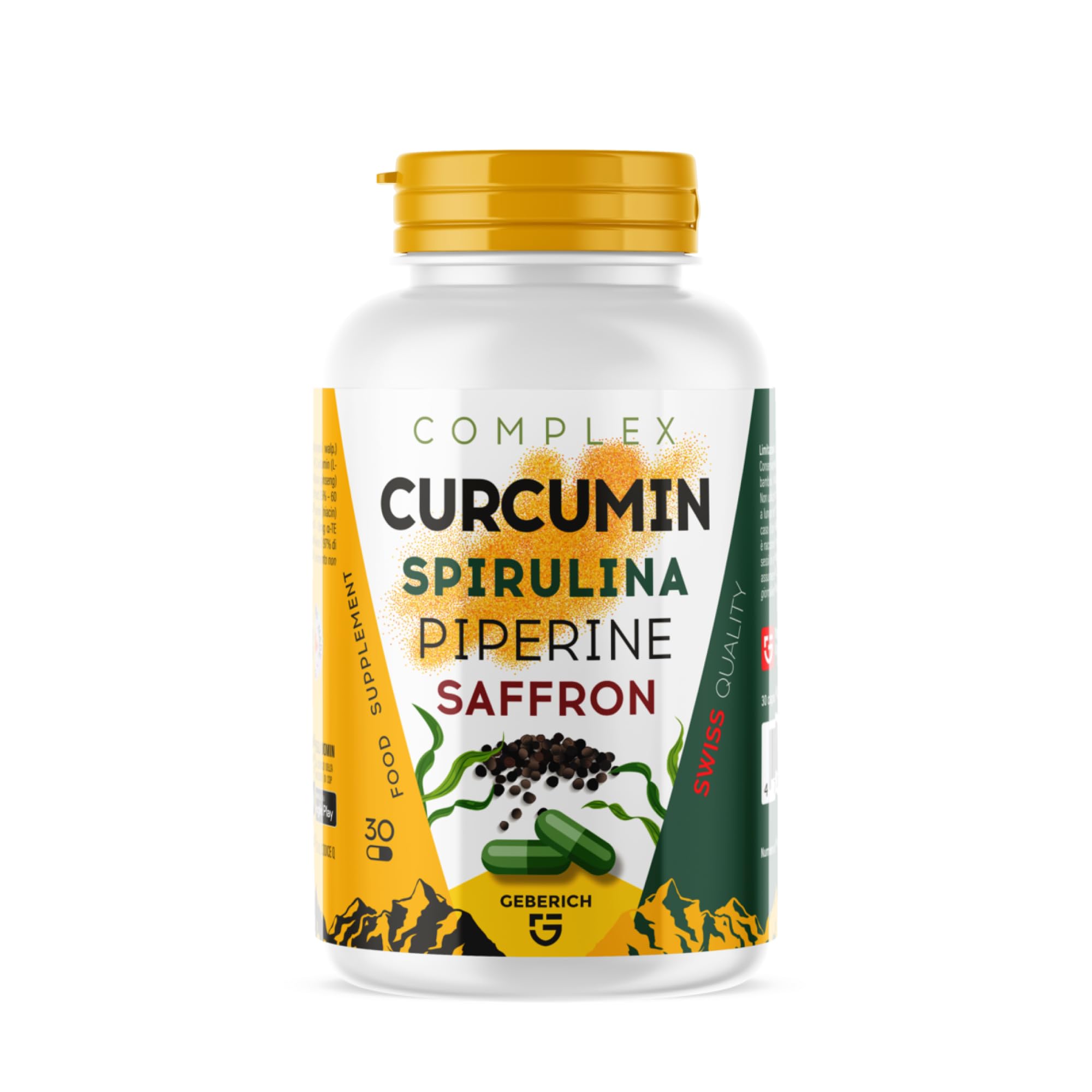Cápsulas COMPLEX CURCUMIN | Apoyo Antiinflamatorio | Extracto de Cúrcuma 10% 500 mg, Espirulina 20 mg | Bienestar General | con Jengibre 20 mg, Piperina 1 mg y Azafrán 2% 0,5 mg | 30 Cápsulas