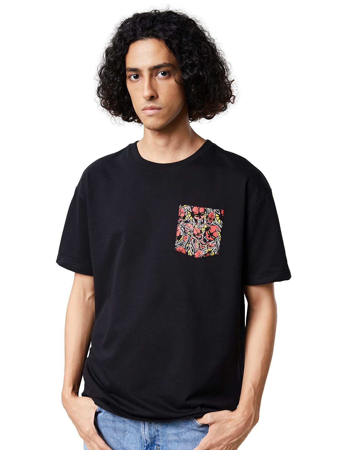 The Souled Store Men Official Stranger Things: The Hellfire Club Black Printed Oversized T-Shirts