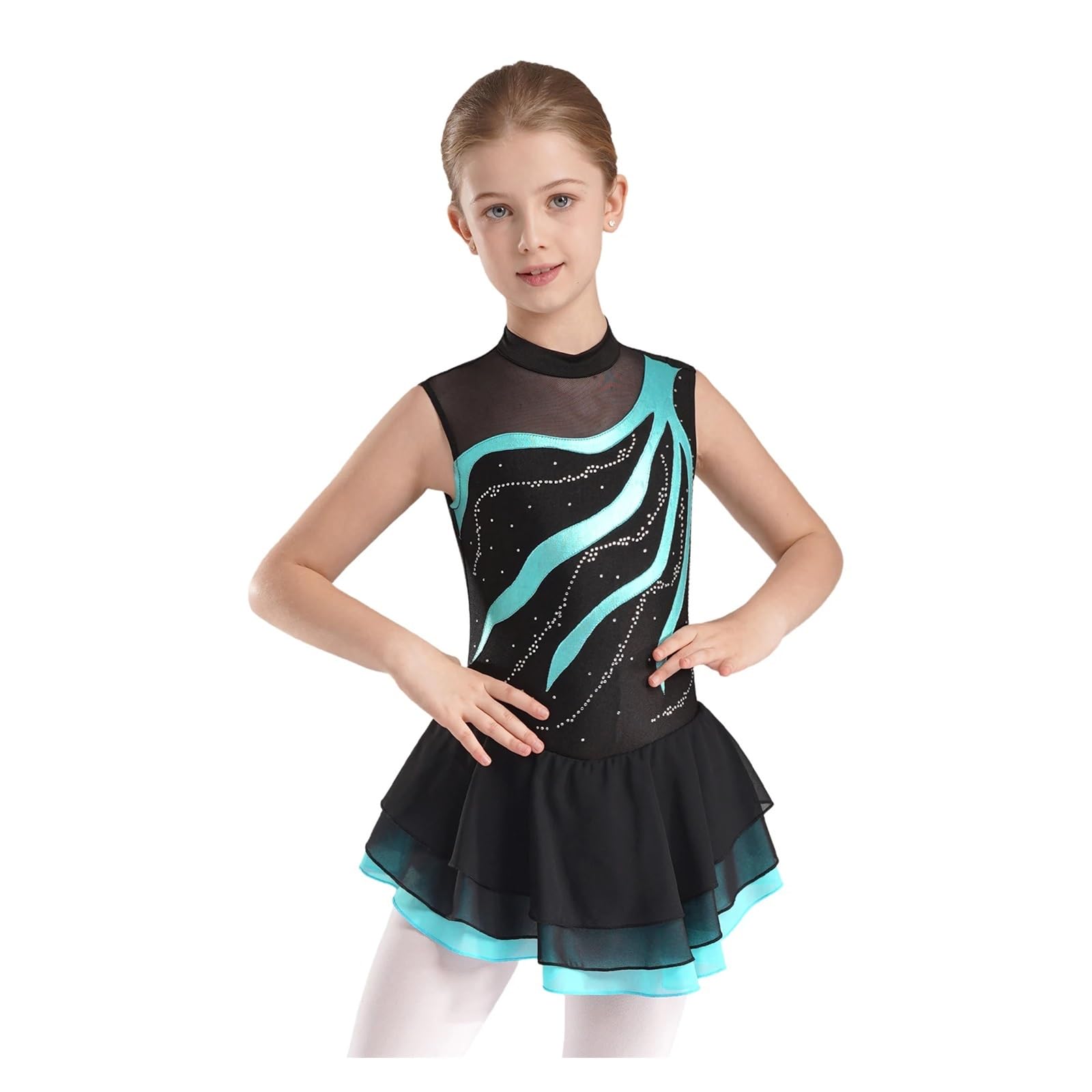 Body Pattinaggio Artistico Vestito da Balletto for Bambina, Body da Ginnastica, tutù, Senza Maniche, con Strass, Vestito da Pattinaggio di Figura, Performance di Danza lirica(Blue Green,8)