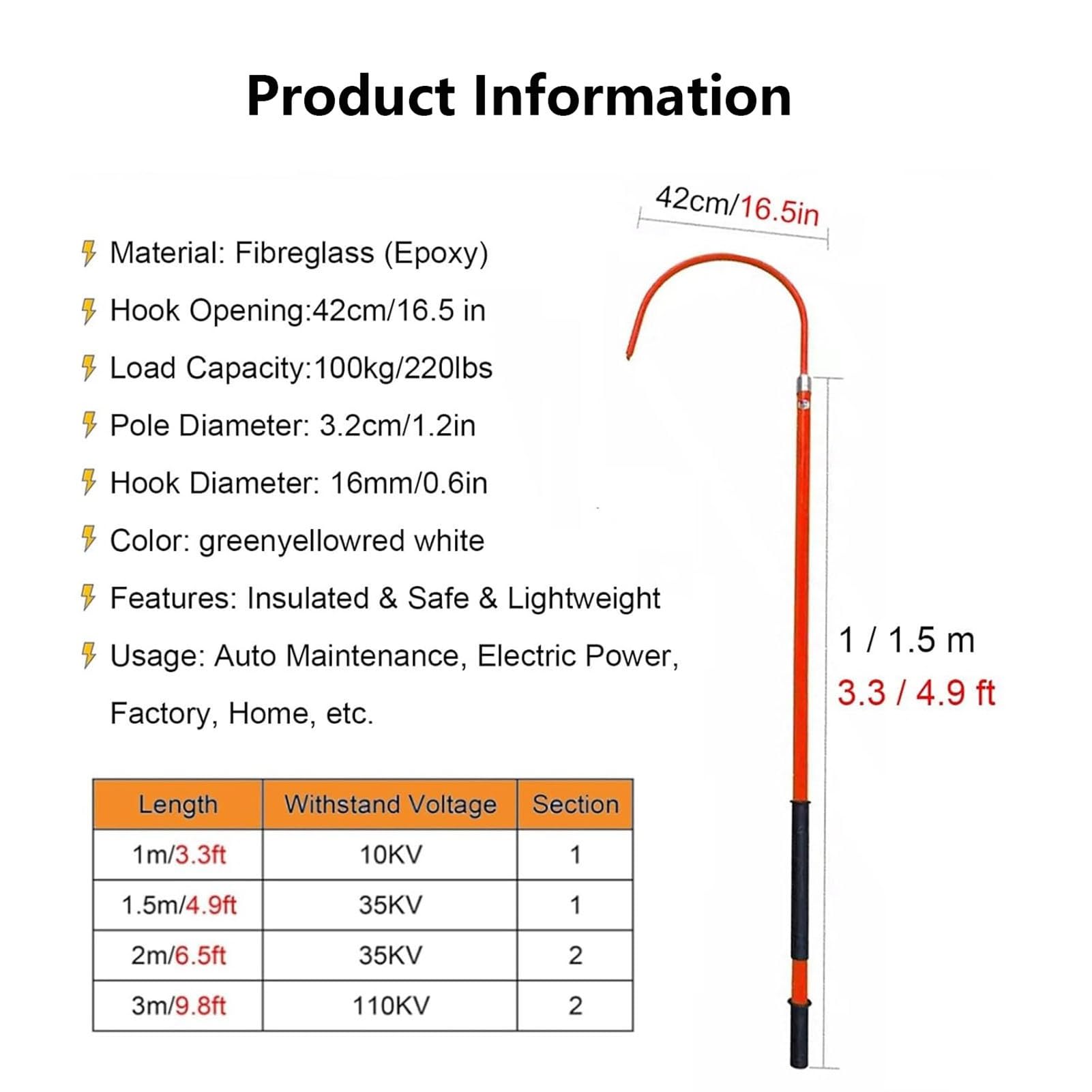 Rescue Hook, 10kV 35kV 110kV 220kV High Voltage Rescue Hook, Insulated Electrician Pulling Hooks with Non-Slip Handle, Strong Load-Bearing Capacity Emergency Life-Saving Tools(Green,3.3ft/1m)