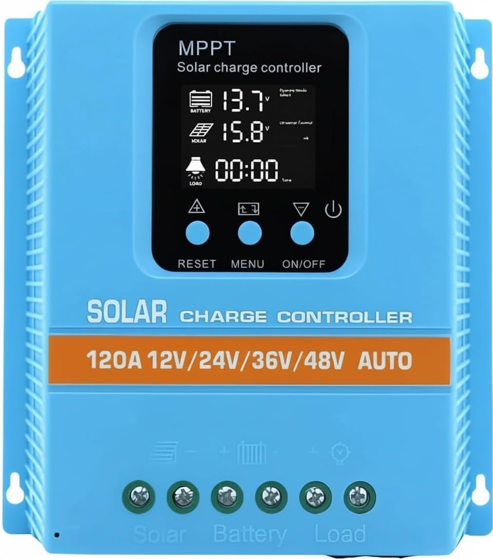 120A Solar Charge Controller 12V 24V 36V 48V Intelligent Recognition LCD Display Battery Intelligent Regulator Maximum 100V Input Dual USB for Lead Acid/Lithium Battery