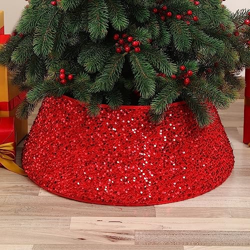 Bekecidi Gonna per Albero di Natale Rosso Glitter Copri Base per Albero di Natale Anello per Albero di Natale Decorativo per Ornamenti per Decorazioni per Feste a Casa delle Vacanze - 40 x 60 x 20 cm