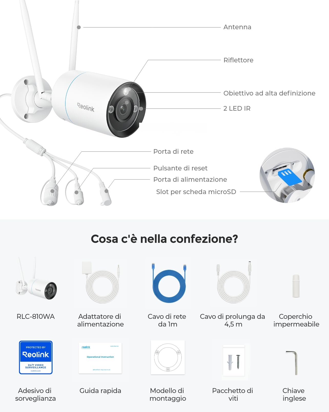 Reolink 4K Telecamera Wi-Fi Esterno, Wi-Fi 6 Videocamera Sorveglianza, IP67 Alloggiamento Metallico, Rilevamento Umano/Veicolo/Pet, 30m Visione Notturna a Colori, Audio a 2 Vie, Time-lapse, RLC-810WA