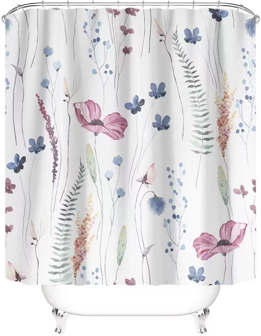 Mightree Bathroom Sets with Shower Curtain and Rugs 4pcs Sets, Waterproof Fabric Bathroom Curtain with 12 Hooks, Toilet Lid Cover and Bath Mat, Non-Slip Rug Foot Mat, Pink Flower, Large : Home & Kitchen