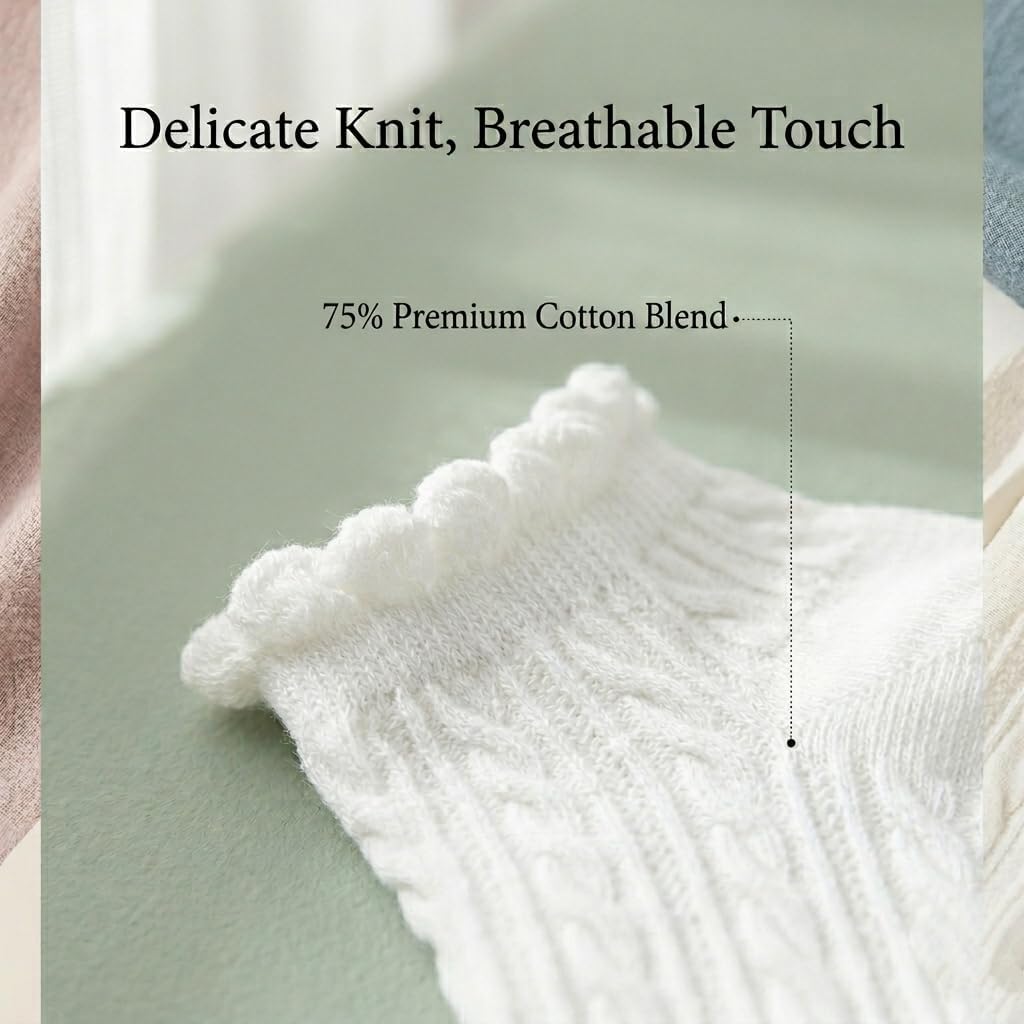 6 Pairs Ruffle Socks Women, Frilly Cotton Cable Knit Cute Dress Ankle Socks, Soft Breathable Casual with Low Cut (5-9)
