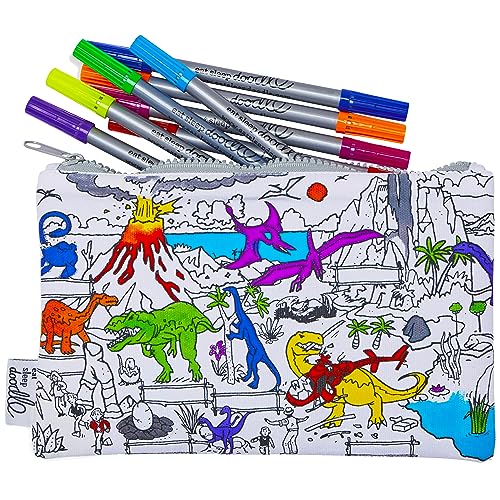 eatsleepdoodle DIY Coloring Dinosaur Pencil Case for Kids with 10pcs Washable Markers, Reusable Art Supply Organizer, Fun Arts & Crafts Activity for Boys & Girls, Creative Gift Idea for Ages