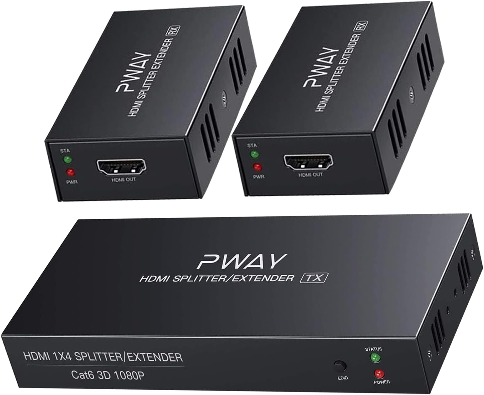 PW-HTS0102(POC) HDMI Splitter Extender 1X2 Port Over Cat5e/Cat6 Ethernet Cable No delay Up to 50m/165ft and Resolution Up to 1080P@60Hz(1 In 2 Out)