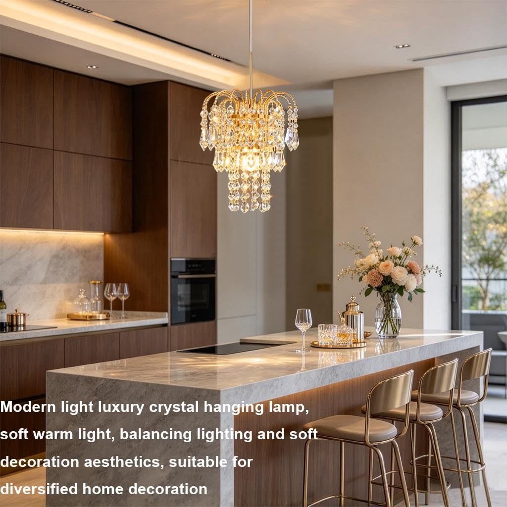 Moderne Pendelleuchte Luxuriöser Kristallleuchter Mini Goldene Kronenleuchter Mit E14-Sockel 3-Farben Umschaltbar Höhenverstellbar Geeignet Für Schlafzimmer Flur Und Bettbereich