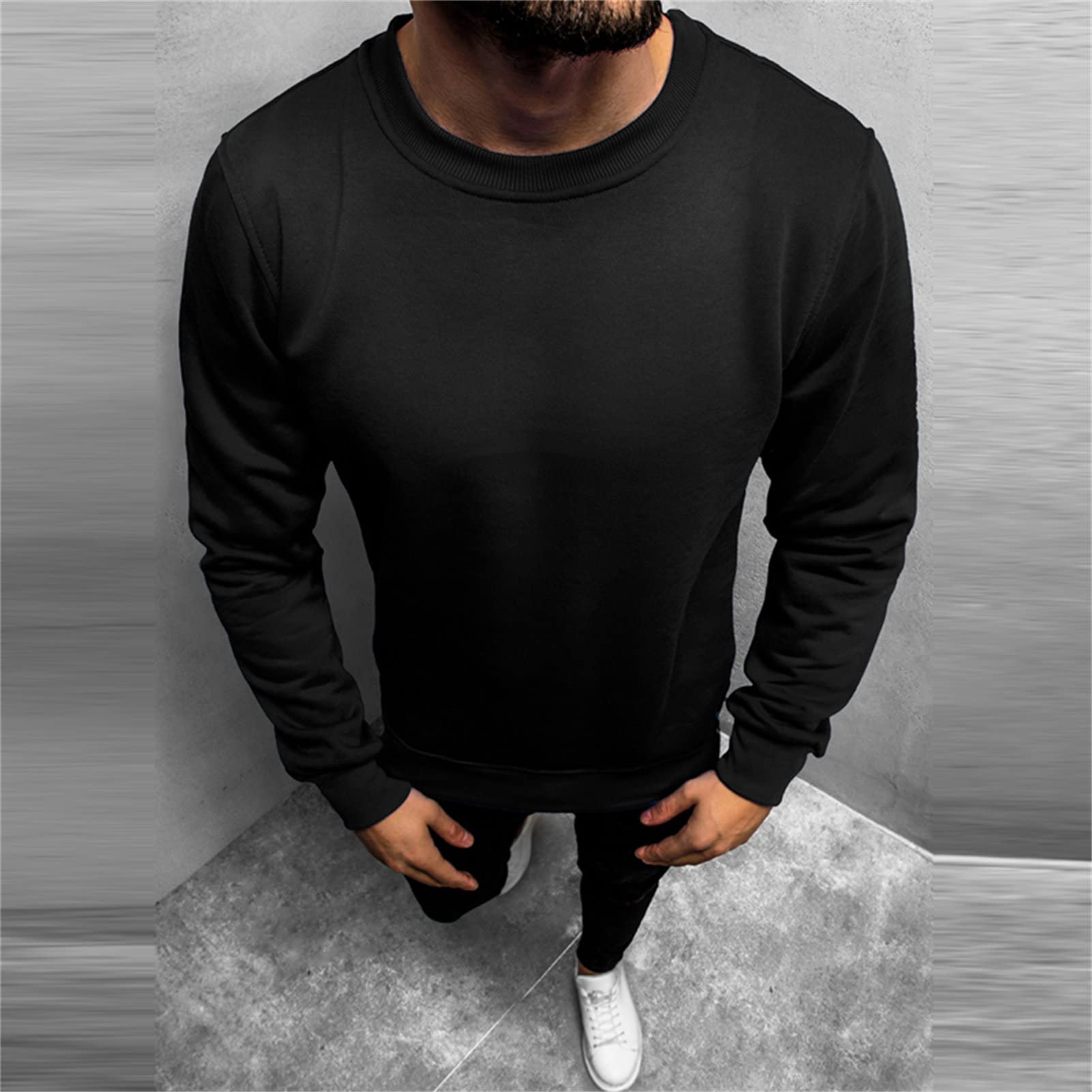 Maiyifu-GJ Men's Casual Long Sleeve Crewneck Sweatshirt Long Sleeve Solid Color Pullover Lightweight Round Neck Shirt Tops (Black,X-Large)