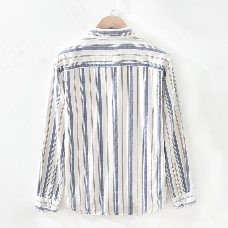 Chemise homme rayures manches longues coton lin décontractée été - 3