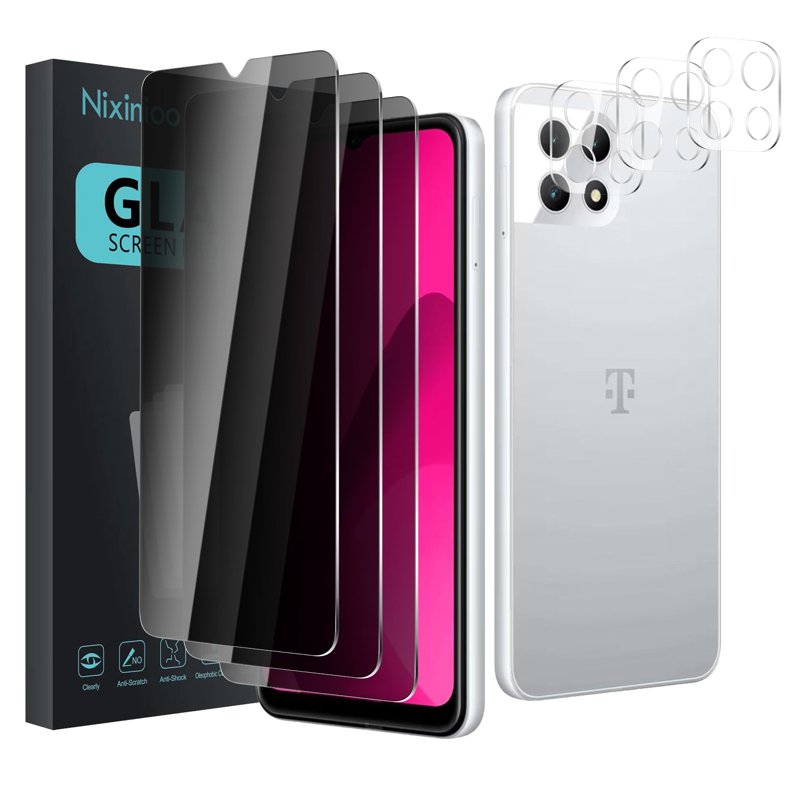 Nixinioo 3 Pack Privacy Screen Protector for T-Mobile Revvl 7 5G With 3 Pack Camera Lens Protector, Anti Spy Tempered Glass Film, 9H Hardness, Black