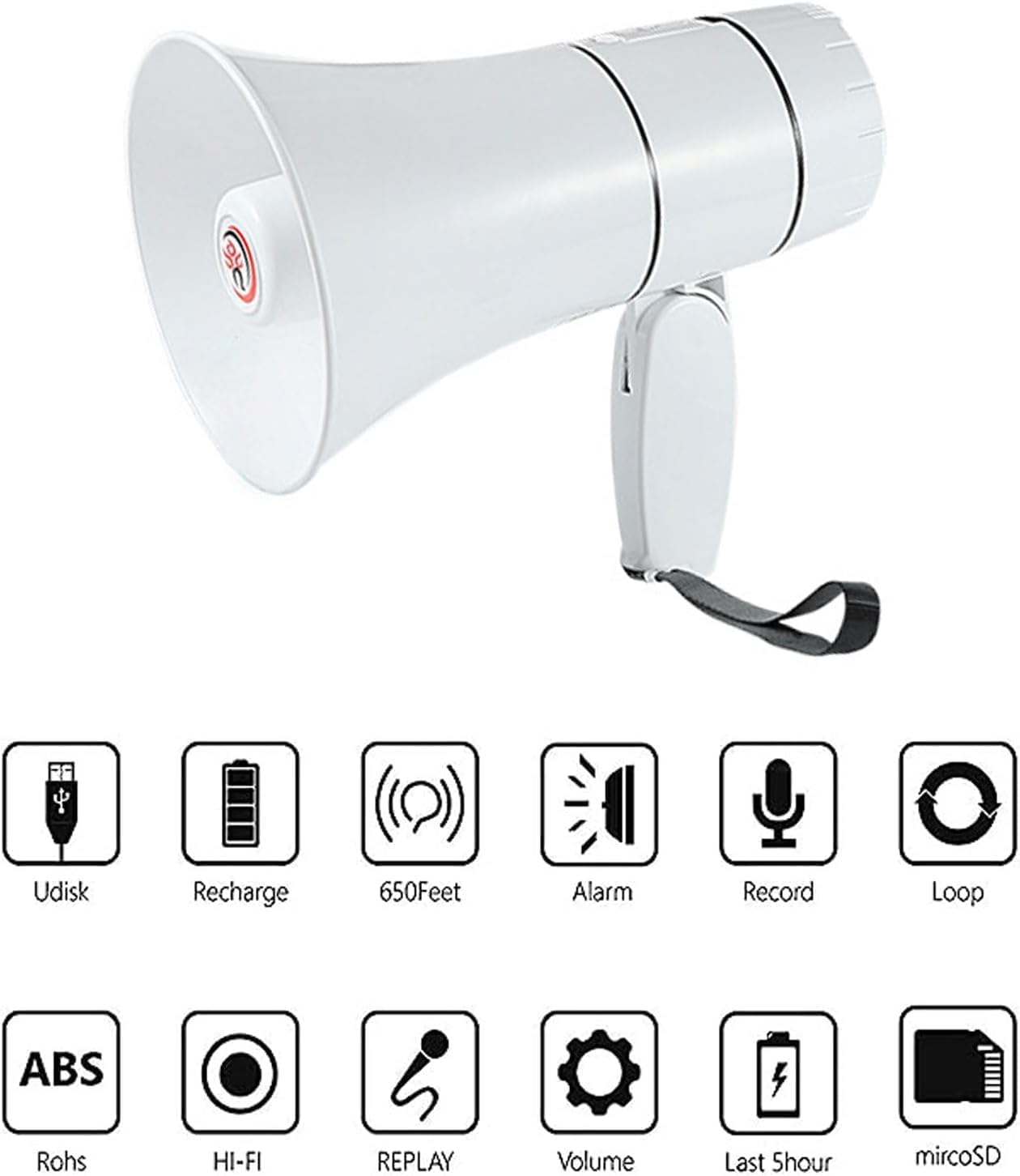 Altavoz megáfono portátil Ligero de Mano Altavoz megáfono de grabación Sirena incorporada megáfono para Exteriores Blanco