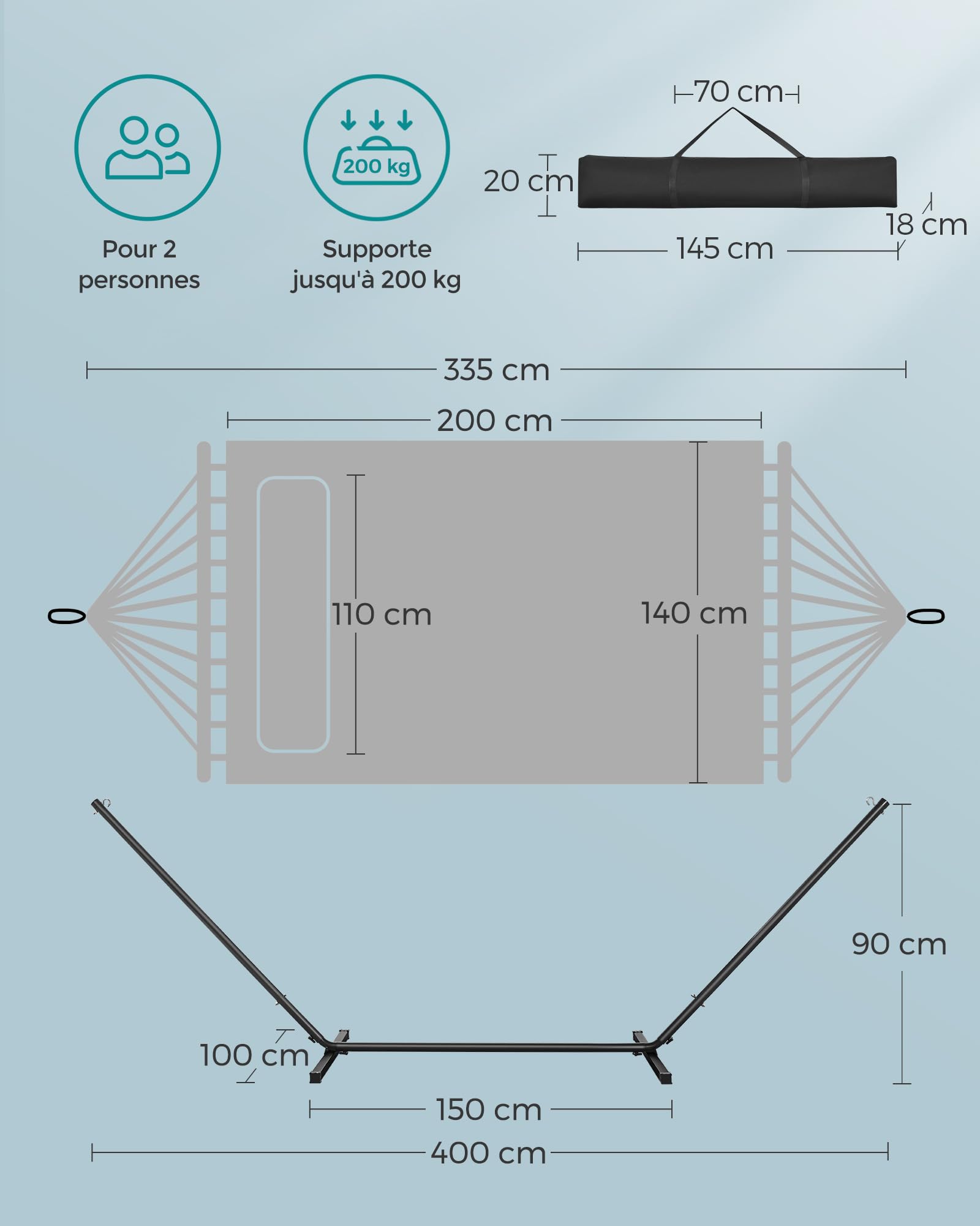SONGMICS Hamac avec Support, Structure en Métal, Barre de Soutien Double, avec Coussin, Capacité de Charge Jusqu'à 200 kg, pour Jardin, Structure Noire et Hamac Bleu GHS002Q01