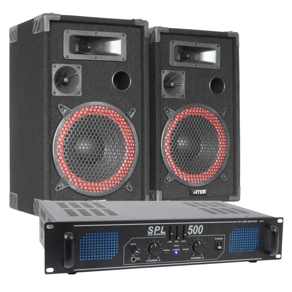 MAX 500W Pack de Sonido. Combinación de Dos Altavoces de 12 Pulgadas y Amplificador Skytec SPL500EQ y Cable de 10 Metros. Equipo Ideal DJ. PA. Eventos, Fiestas etc.