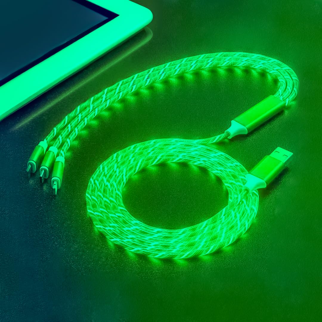 MILA FINDER 3-in-1 charging cable coiled neatly on a surface next to a tablet, with the cable glowing green.