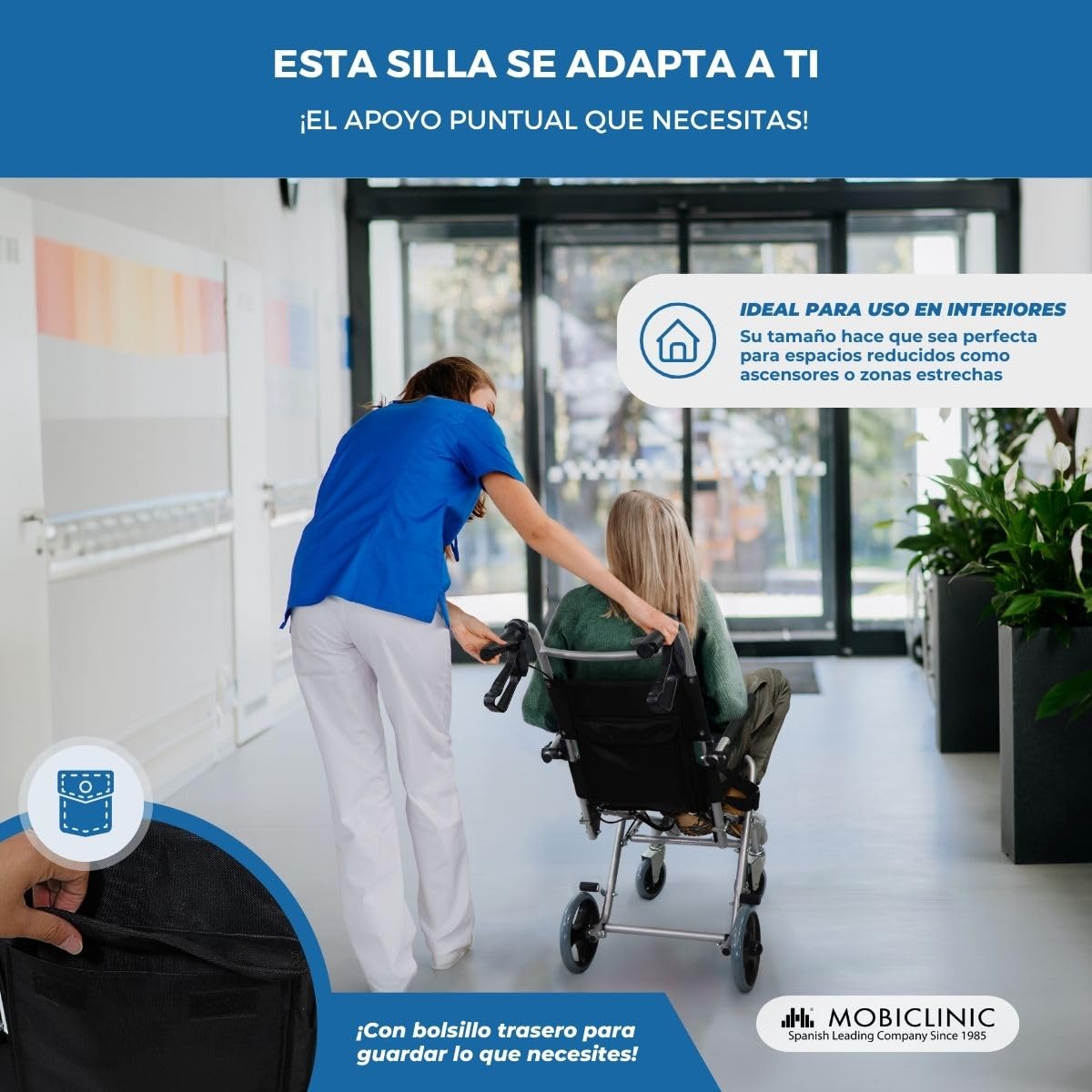 Mobiclinic, Silla de ruedas de tránsito, Neptuno, Aluminio, Plegable, Freno en manetas, Marca Española, Reposapiés plegables, a, Cinturón seguridad, Ergonómica, 93x 49.1x 96 cm
