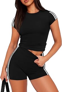 Summer Two Piece Athletic Lounge Set - Contrast Side Stripes Workout Outfit