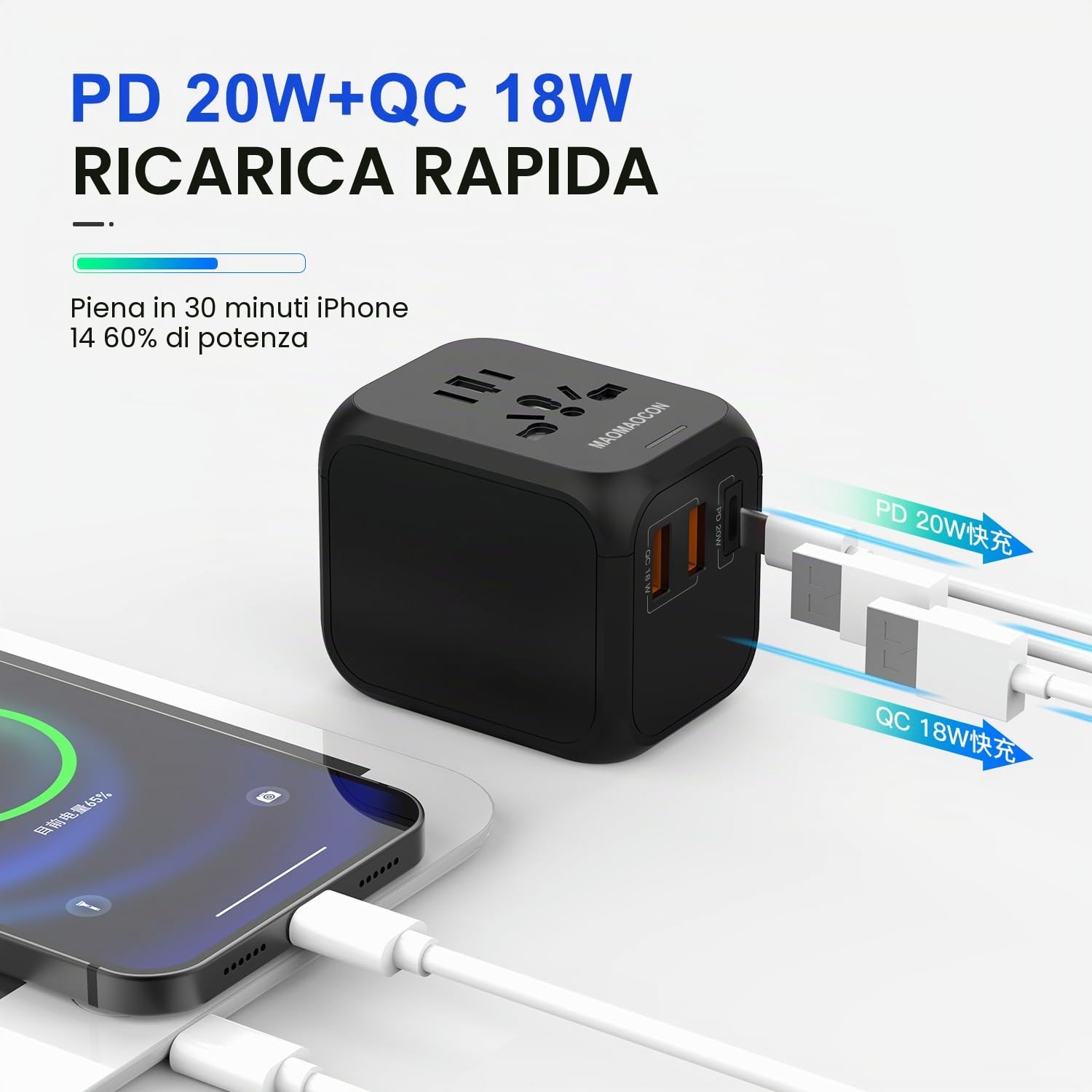 MAOMAOCON Adattatore da viaggio universale da viaggio con PD20 W — immagine 3 di 10