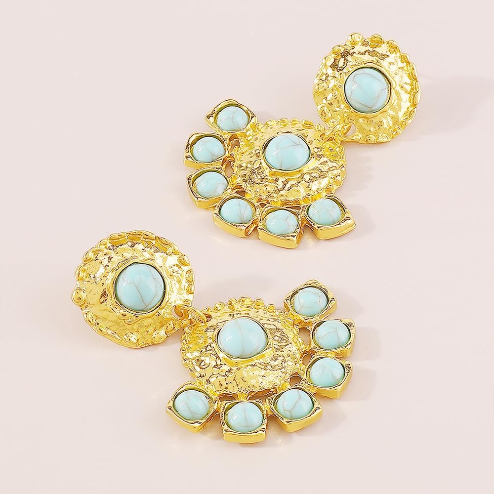 Bohemian Circle Turquoise Dangle Drop Earrings Vintage Gold Plated Round Geometry Blue Birthstone Ball Statement Dangling Studs Hypoallergenic Evening Party Jewelry - Image 4
