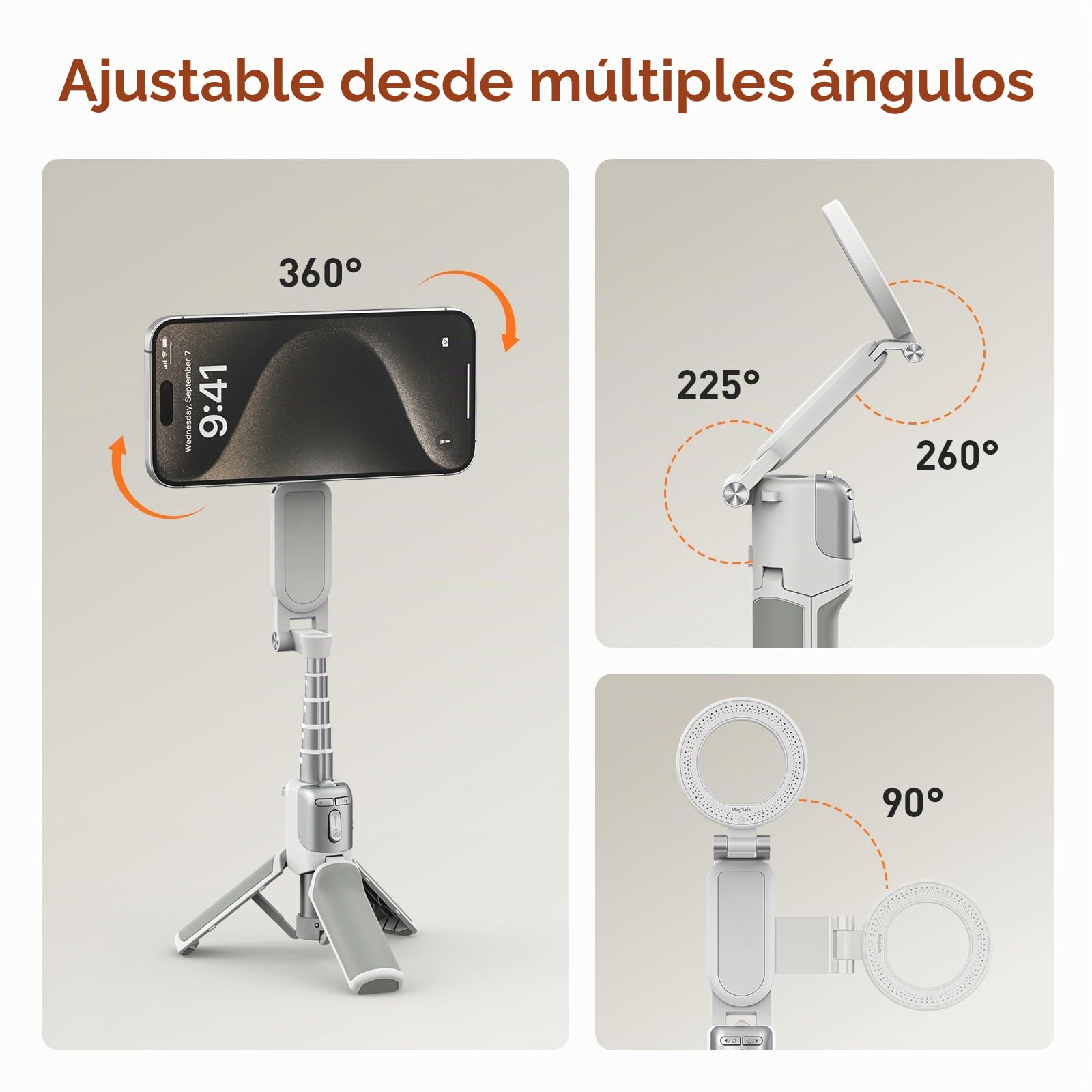 AMAZEAR Palo Selfie Tripode para Movil (4 en 1), Tripode para iPhone, Accesorios Selfie Stick para Móvil con botón de Disparo inalámbrico extraíble para iPhone 16 17 Pro MAX, Tripe Telemovel, Blanco