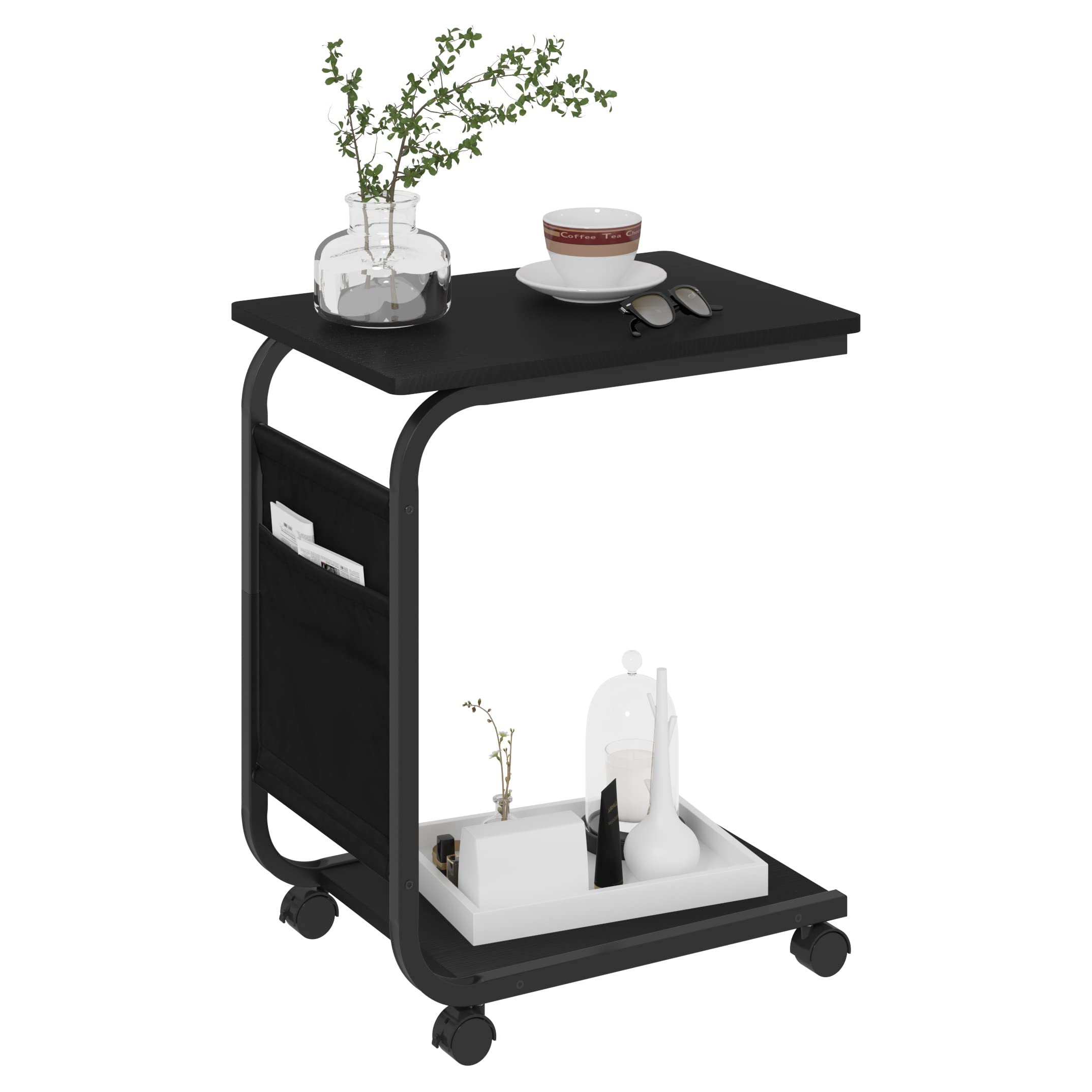 WOLTU Tavolino da caffè, Tavolo con 2 Ripiani e 1 Tasca Laterale, Tavolino Soggiorno a Forma di C, su Rotelle, per Divano Letto, in Legno Truciolare e Metallo, 50x35x62cm, Nero BTS04sz