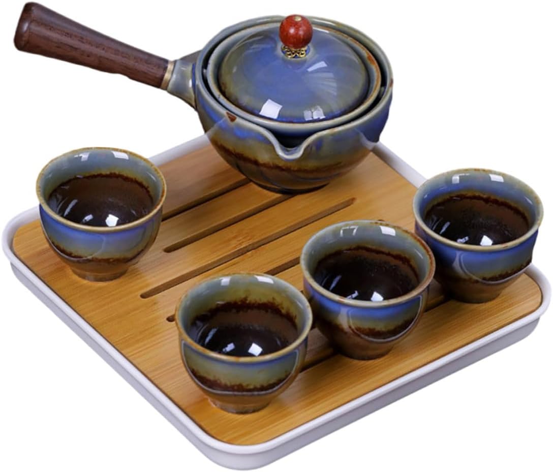 Portable Ceramic Gongfu Tea Set with Teapot and Four Cups, Military Green Travel Tea Set Kit with Carrying Bag for Outdoor and Travel Use